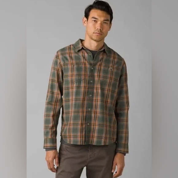 prAna Mens Dolberg Plaid Cotton Flannel Shirt in Kale Standard Fit Medium Tall - Picture 2 of 12
